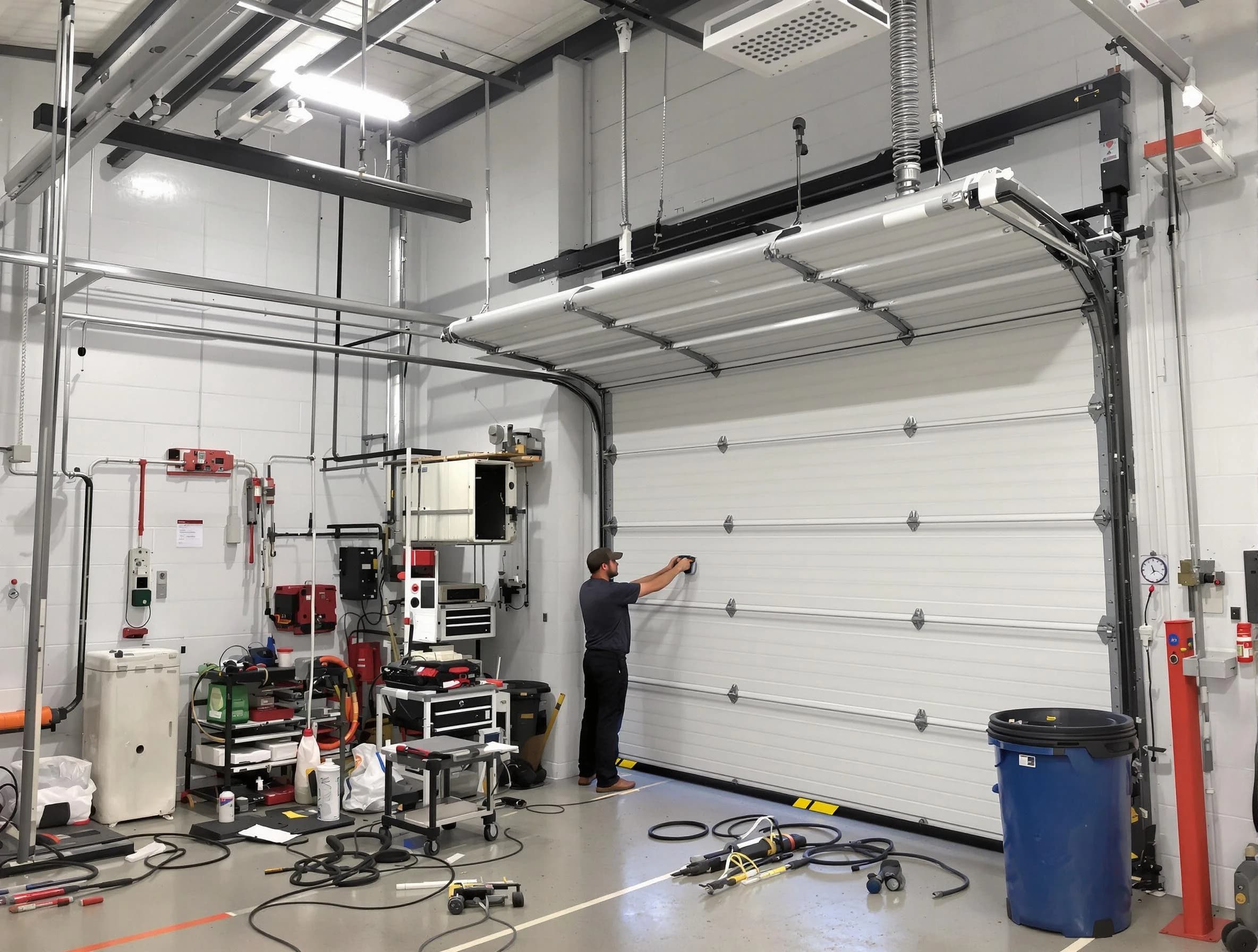 Buffalo Garage Door Repair certified technician performing commercial door repair at a Buffalo business facility