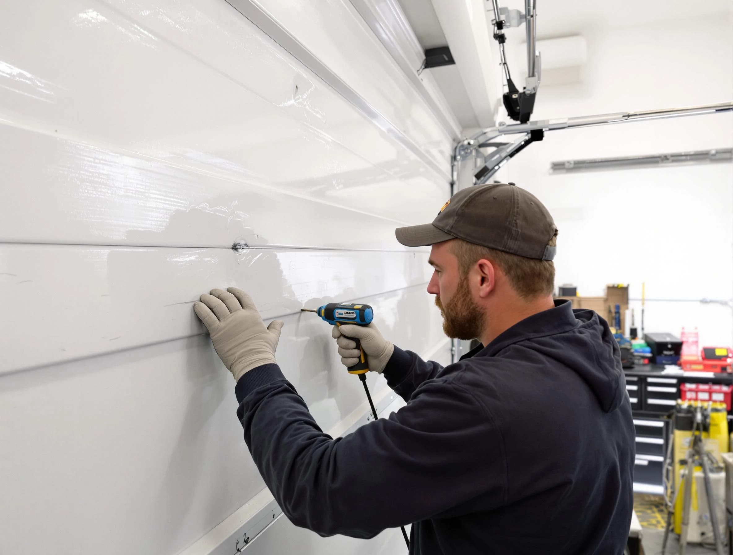 Buffalo Garage Door Repair technician demonstrating precision dent removal techniques on a Buffalo garage door